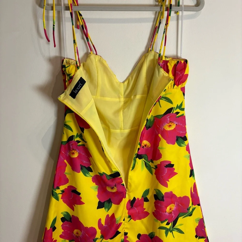 KOURT Dionne Bright Yellow Floral Print Satin Tie-Strap Mini Dress Size Small - Picture 6 of 10